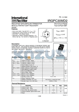 IRGPC30MD2 datasheet - INSULATED GATE BIPOLAR TRANSISTOR WITH ULTRAFAST SOFT RECOVERY(Vces=600V, @Vge=15V, Ic=16A)