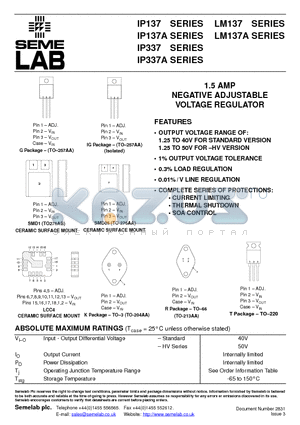 LM137A datasheet - 1.5 AMP NEGATIVE ADJUSTABLE VOLTAGE REGULATOR
