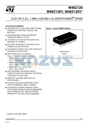 M48Z128V datasheet - 5.0V OR 3.3V, 1 Mbit (128 Kbit x 8) ZEROPOWER SRAM