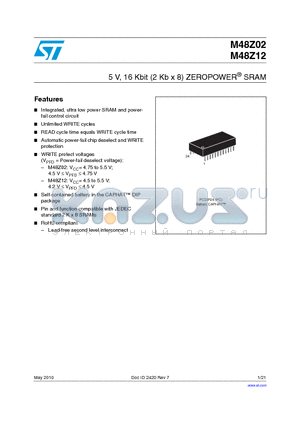 M48Z12-70PC1 datasheet - 5 V, 16 Kbit (2 Kb x 8) ZEROPOWER^ SRAM