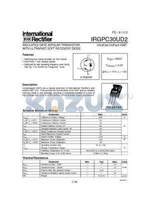 IRGPC30UD2 datasheet - INSULATED GATE BIPOLAR TRANSISTOR WITH ULTRAFAST SOFT RECOVERY DIODE(Vces=600V, @Vge=15V, Ic=12A)
