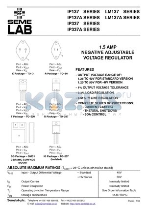LM137ASG datasheet - 1.5 AMP NEGATIVE ADJUSTABLE VOLTAGE REGULATOR