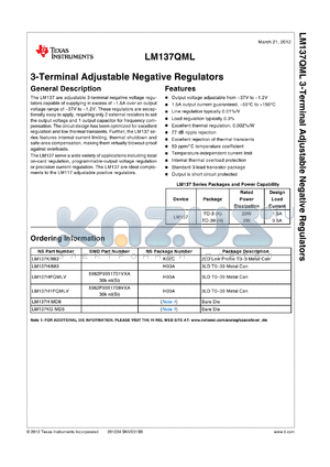 LM137H/883 datasheet - 3-Terminal Adjustable Negative Regulators