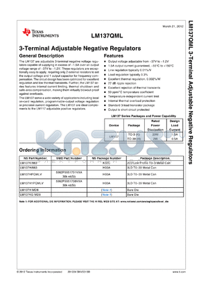 LM137HPQMLV datasheet - 3-Terminal Adjustable Negative Regulators