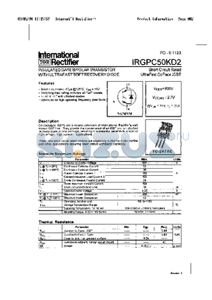 IRGPC50KD2 datasheet - INSULATED GATE BIPOLAR TRANSISTOR WITH ULTRAFAST SOFT RECOVERY DIODE