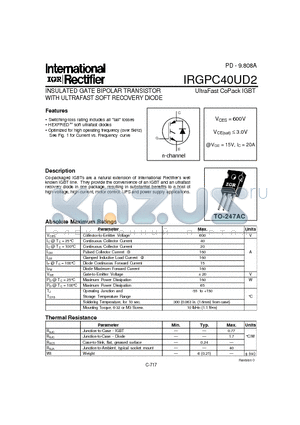 IRGPC40UD2 datasheet - INSULATED GATE BIPOLAR TRANSISTOR WITH ULTRAFAST SOFT RECOVERY DIODE(Vces=600V, @Vge=15V, Ic=20A)