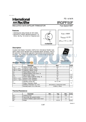 IRGPF50F datasheet - INSULATED GATE BIPOLAR TRANSISTOR(Vces=900V, @Vge=15V, Ic=28A)