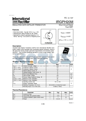 IRGPH20M datasheet - INSULATED GATE BIPOLAR TRANSISTOR(Vces=1200V, @Vge=15V, Ic=4.5A)