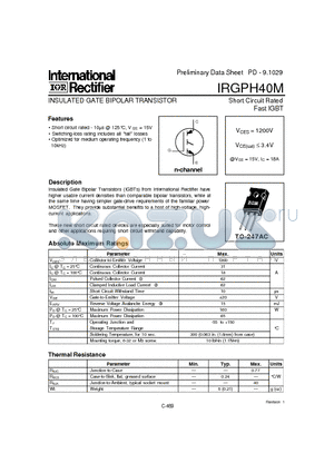 IRGPH40M datasheet - INSULATED GATE BIPOLAR TRANSISTOR(Vces=1200V, @Vge=15V, Ic=18A)