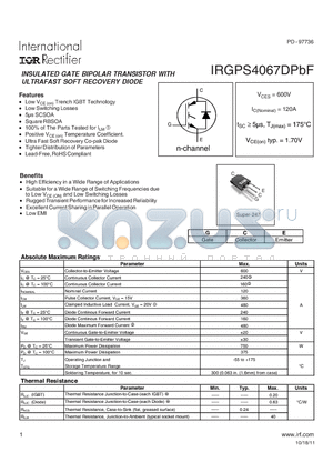 IRGPS4067DPBF datasheet - Low VCE (on) Trench IGBT Technology
