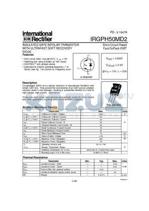 IRGPH50MD2 datasheet - INSULATED GATE BIPOLAR TRANSISTOR WITH ULTRAFAST SOFT RECOVERY(Vces=1200V, @Vge=15V, Ic=23A)