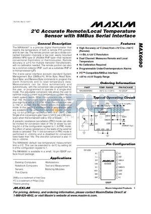 MAX6690 datasheet - 2`C Accurate Remote/Local Temperature Sensor with SMBus Serial Interface