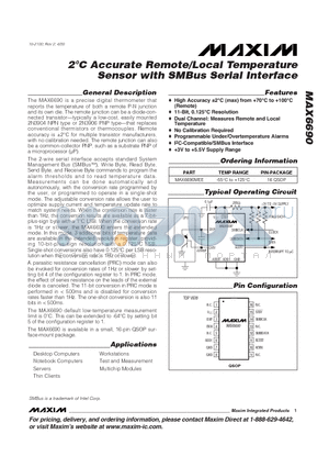 MAX6690 datasheet - 2`C Accurate Remote/Local Temperature Sensor with SMBus Serial Interface