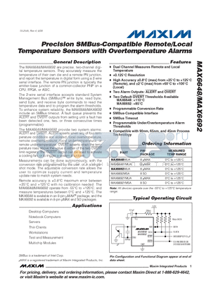 MAX6692MSA datasheet - Precision SMBus-Compatible Remote/Local Temperature Sensors with Overtemperature Alarms