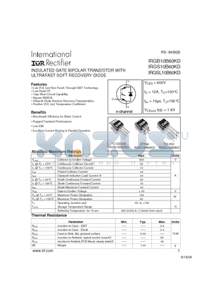 IRGS10B60KD datasheet - INSULATED GATE BIPOLAR TRANSISTOR WITH ULTRAFAST SOFT RECOVERY DIODE