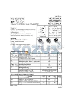 IRGS30B60 datasheet - INSULATED GATE BIPOLAR TRANSISTOR