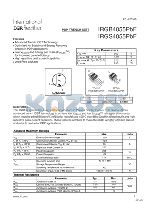 IRGS4055PBF datasheet - PDP TRENCH 1GBT