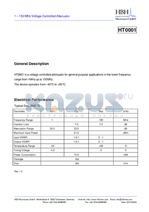 HT0001 datasheet - 1 - 150 MHz Voltage Controlled Attenuator