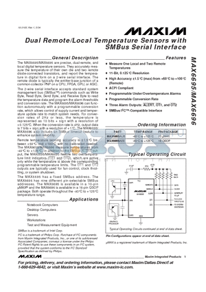 MAX6695 datasheet - Dual Remote/Local Temperature Sensors with SMBus Serial Interface