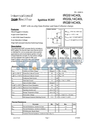 IRGSL14C40L datasheet - IGBT with on-chip Gate-Emitter and Gate-Collector clamps
