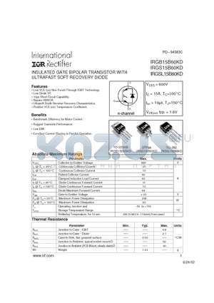 IRGSL15B60KD datasheet - INSULATED GATE BIPOLAR TRANSISTOR WITH ULTRAFAST SOFT RECOVERY DIODE