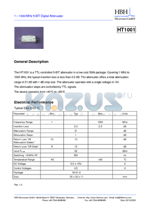 HT1001 datasheet - 1 - 1000 MHz 5-BIT Digital Attenuator