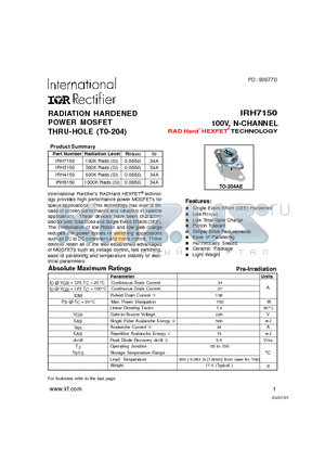 IRH4150 datasheet - RADIATION HARDENED POWER MOSFET THRU-HOLE (T0-204)