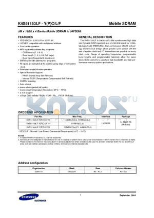 K4S51153LF datasheet - 8M x 16Bit x 4 Banks Mobile SDRAM in 54FBGA