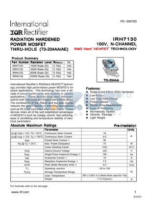 IRH7130 datasheet - RADIATION HARDENED POWER MOSFET
