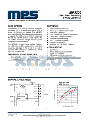 MP3205 datasheet - 1.3MHz Fixed Frequency 5 White LED Driver