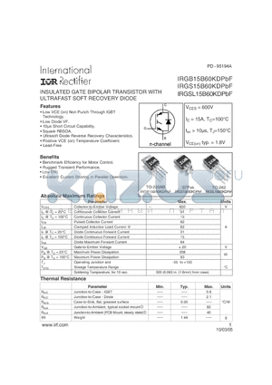 IRGSL15B60KDPBF datasheet - INSULATED GATE BIPOLAR TRANSISTOR WITH ULTRAFAST SOFT RECOVERY DIODE