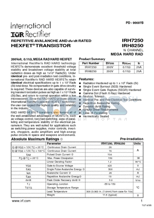 IRH7250 datasheet - REPETITIVE AVALANCHE AND dv/dt RATED  HEXFET TRANSISTOR