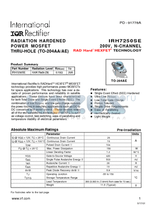 IRH7250SE datasheet - RADIATION HARDENED POWER MOSFET THRU-HOLE (TO-204AA/AE)