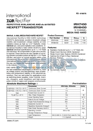 IRH7450 datasheet - REPETITIVE AVALANCHE AND dv/dt RATED HEXFET TRANSISTOR