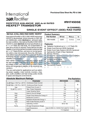 IRH7450SE datasheet - TRANSISTOR N-CHANNEL(BVdss=500V, Rds(on)=0.51ohm, Id=11A)