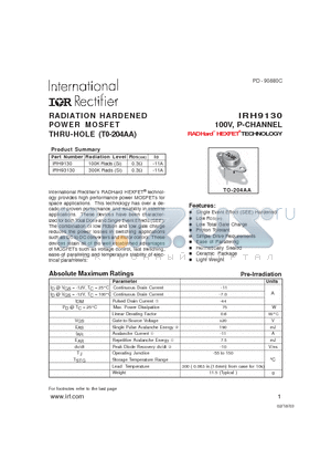 IRH93130 datasheet - RADIATION HARDENED POWER MOSFET THRU-HOLE (T0-204AA)