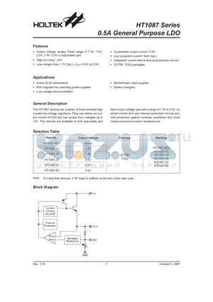 HT1087-50 datasheet - 0.5A General Purpose LDO