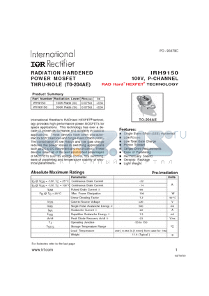 IRH93150 datasheet - RADIATION HARDENED POWER MOSFET THRU-HOLE (T0-204AE)