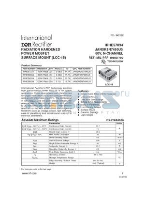 IRHE53034 datasheet - RADIATION HARDENED POWER MOSFET SURFACE MOUNT (LCC-18)