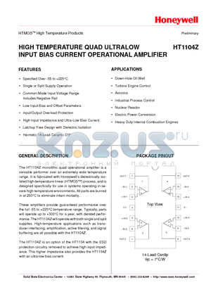 HT1104Z datasheet - HIGH TEMPERATURE QUAD ULTRALOW INPUT BIAS CURRENT OPERATIONAL AMPLIFIER