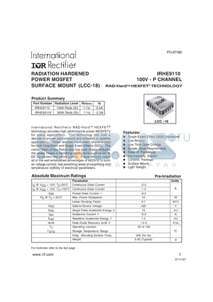 IRHE9110 datasheet - POWER MOSFET 100V - P CHANNEL SURFACE MOUNT (LCC-18)