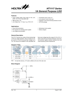 HT1117-25 datasheet - 1A General Purpose LDO