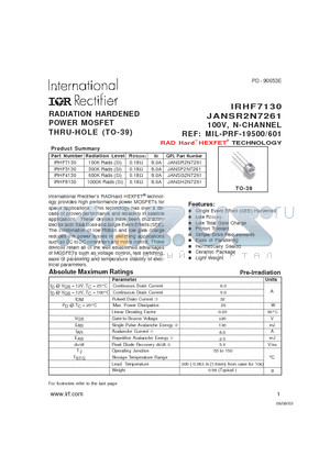 IRHF3130 datasheet - RADIATION HARDENED POWER MOSFET THRU-HOLE (TO-39)