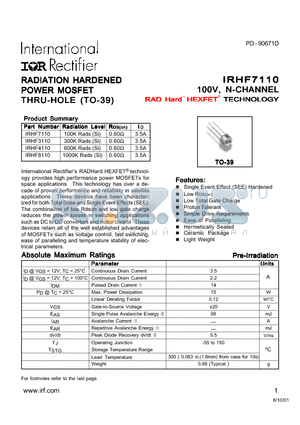 IRHF4110 datasheet - RADIATION HARDENED POWER MOSFET THRU-HOLE