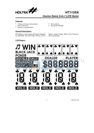 HT113SA datasheet - Casino Game 5-in-1 LCD Game