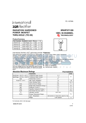 IRHF57130 datasheet - RADIATION HARDENED POWER MOSFET THRU-HOLE (TO-39)