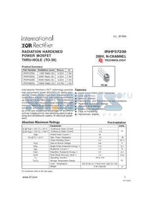 IRHF57230 datasheet - RADIATION GARDENED POWER MOSFET THRU-HOLE (TO-39)