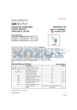 IRHF593110 datasheet - RADIATION HARDENED POWER MOSFET THRU-HOLE (TO-39)