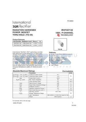 IRHF593130 datasheet - RADIATION HARDENED POWER MOSFET THRU-HOLE (TO-39)