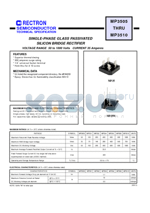 MP351 datasheet - SINGLE-PHASE GLASS PASSIVATED SILICON BRIDGE RECTIFIER (VOLTAGE RANGE 50 to 1000 Volts CURRENT 35 Amperes)